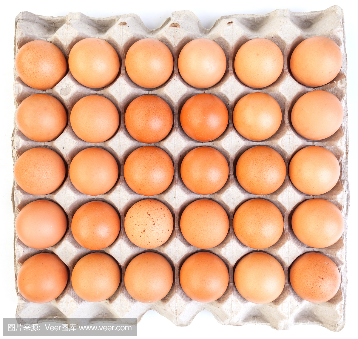 棕色的鸡蛋和纸鸡蛋托盘在白色的背景。